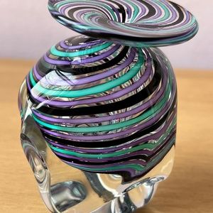 Vintage 1991 Heron Fine Glass Purple Green Ribbon Cane Zanfirico Twisted Vase